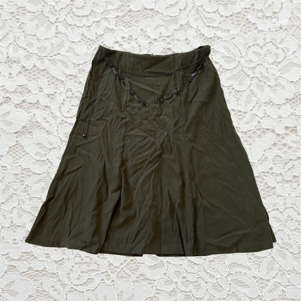vintage green midi skirt with beaded chain belt